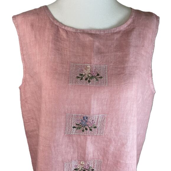 Linen Hemp Sleeveless Top Pink Embroidery Cottagecore Artsy Japanese M/L - Picture 2 of 14